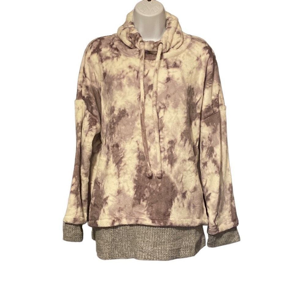 Como Vintage Women's Faux Fur Abstract Print 2-1 Shirt Hoodie Sweater Size L NWT